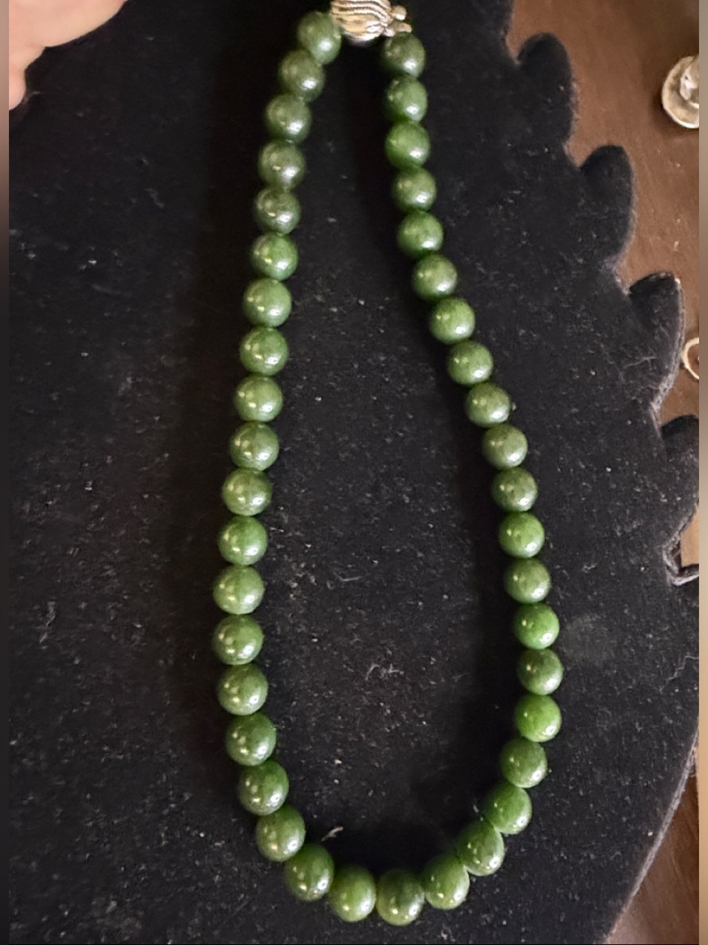 Nephite Jade Bead Necklace 17.5” 9.5mm Sterling Silver Clasp 67g